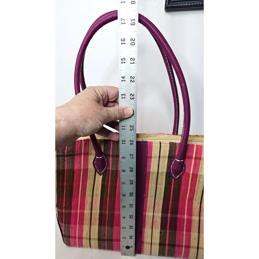 Handmade Woven Raffia Tote Bag Purple Faux Leather Straps Striped Boho Summer